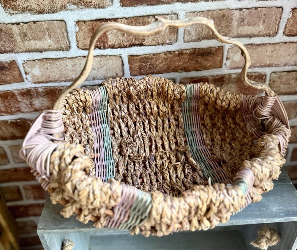 Vintage Willow Gathering Basket with Driftwood Handle